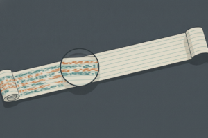 A paper record tape unspooling across a dark desk, its printed rows fading to blank partway along, with a magnifier over the last legible section.