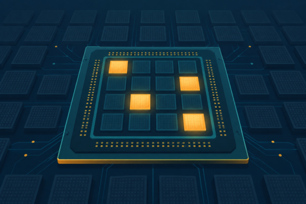 Abstract editorial illustration of a GPU chip with a few glowing modules lit up and many more dimmed modules behind it, in flat teal and amber vector style on a navy background, representing hot and cold experts.