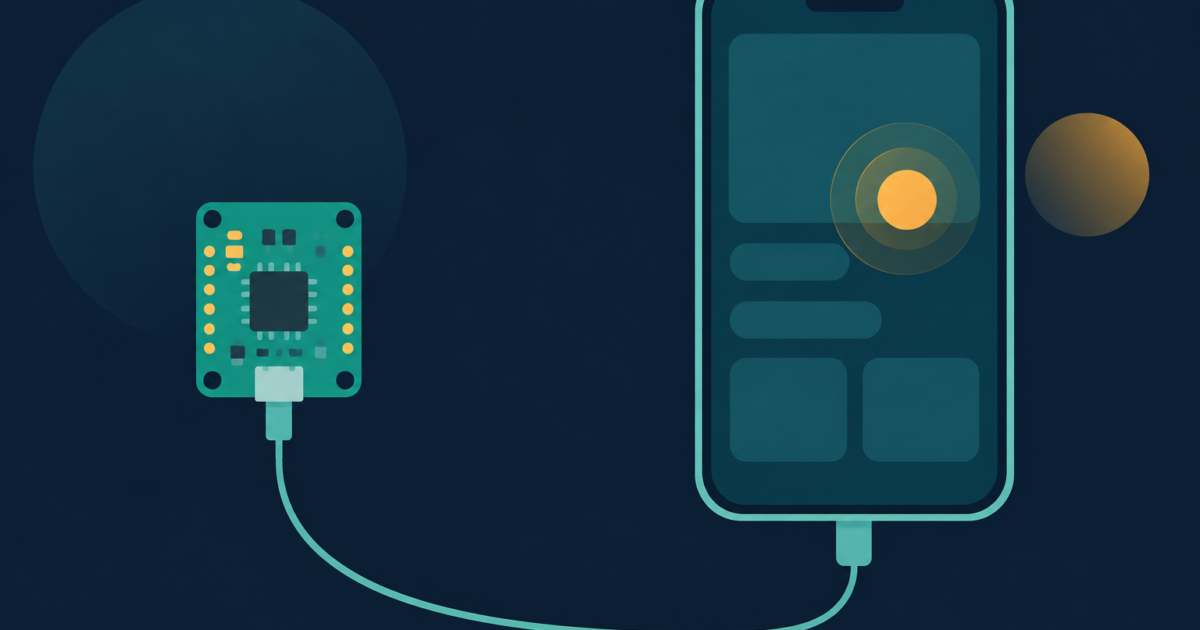 Abstract editorial illustration of a small teal circuit board joined by a thin cable to a smartphone, with a round amber pointer dot and ripple ring hovering on the screen, flat shapes on a navy background.