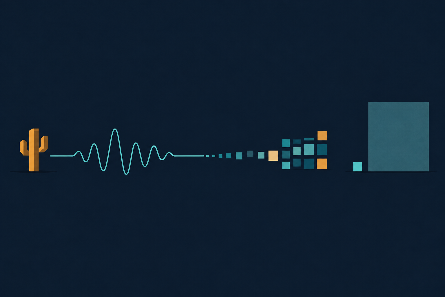 Abstract editorial illustration of a tiny amber cactus-like shape beside a sound wave turning into small blocks, with a small teal square next to a larger faded rectangle, flat shapes on a navy background.