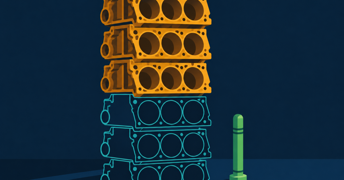 Abstract editorial illustration of a stack of amber engine blocks with three empty slots outlined in teal on a navy ground, one green marker beside the stack.
