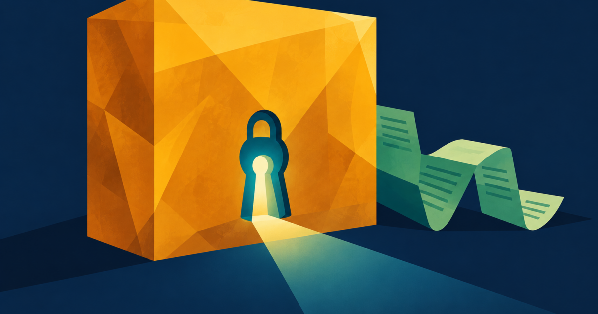 Abstract editorial illustration of a large amber block with a teal keyhole opening and light spilling onto a navy ground, a green folded paper ribbon beside it.