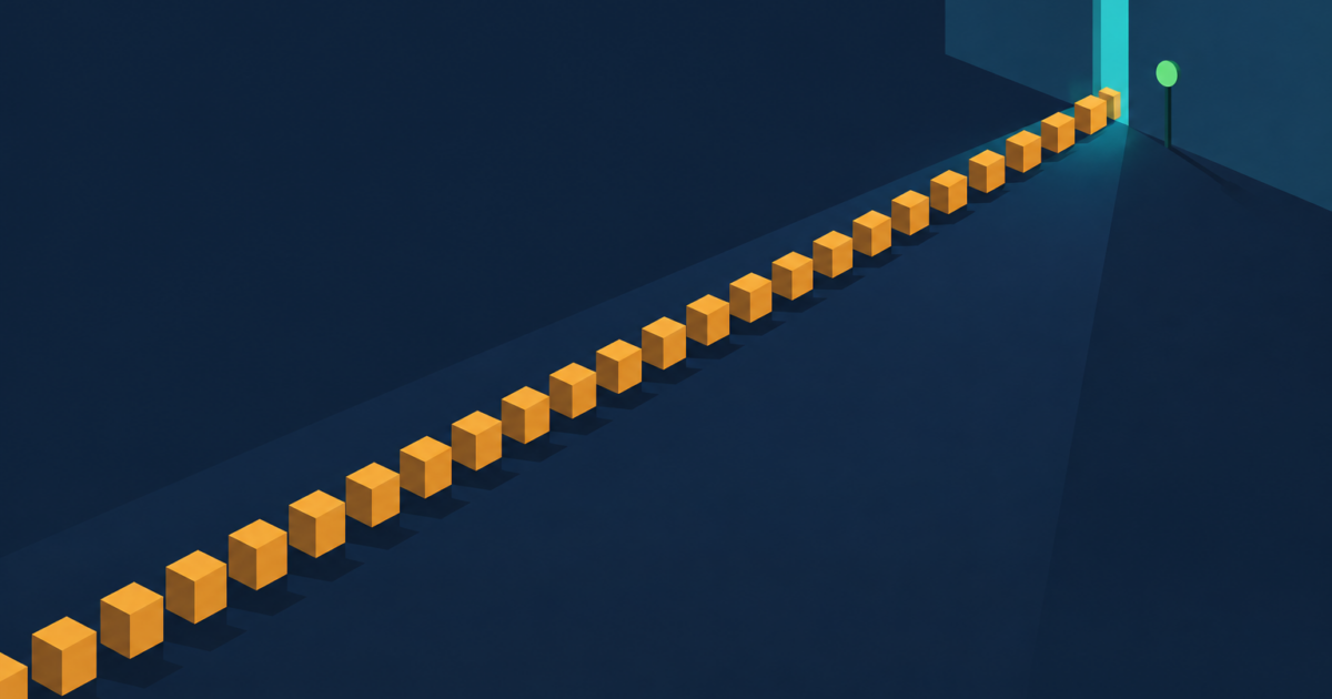 Abstract editorial illustration of many small amber squares queuing toward one narrow teal gate on a navy ground, with a single green marker beside the gate.